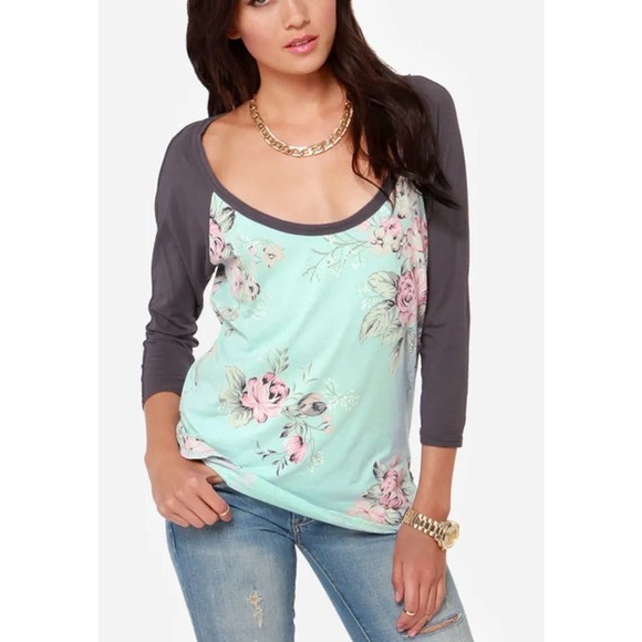 Chaser Women's Here Rose Nothing Light Floral Print Baseball Tee Sz M Blue Gray - Picture 1 of 6